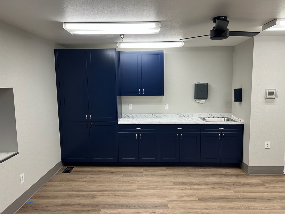 Blue commercial break room casework with tall storage, wall cabinets, countertop and sink
